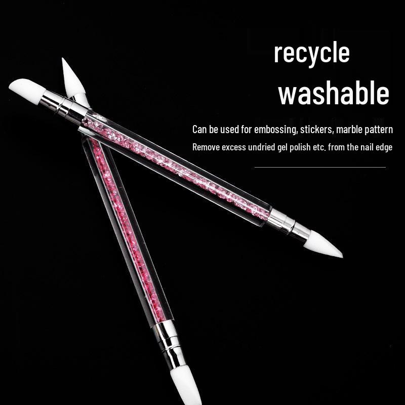 Nail Art Silicone Pen: Double-Headed Carving & Embossing Tool with Magic Mirror Powder, Glitter Rhinestone, and Dotting Features.