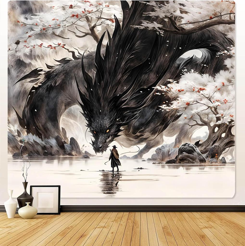 Fantasy World TapestryWall HangingDragon and Human War Mythology Themed Art bannersShadow Dragon decorations backdrop