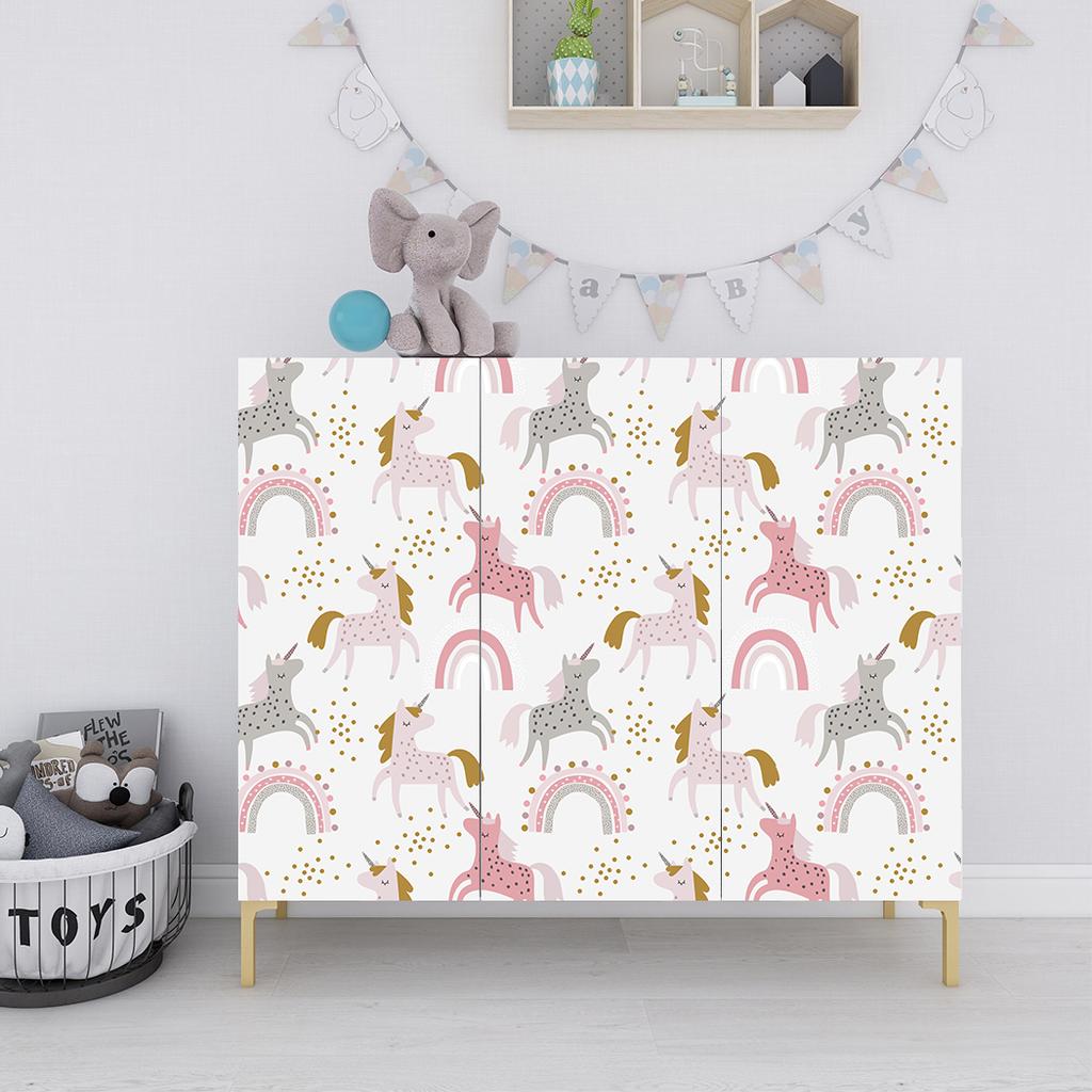 Cute Unicorn Rainbow Peel And Stick Cartoon Wallpaper Self-Adhesive Pink/Grey Wall Stickers for Kidroom Easy To Paste Home Decor