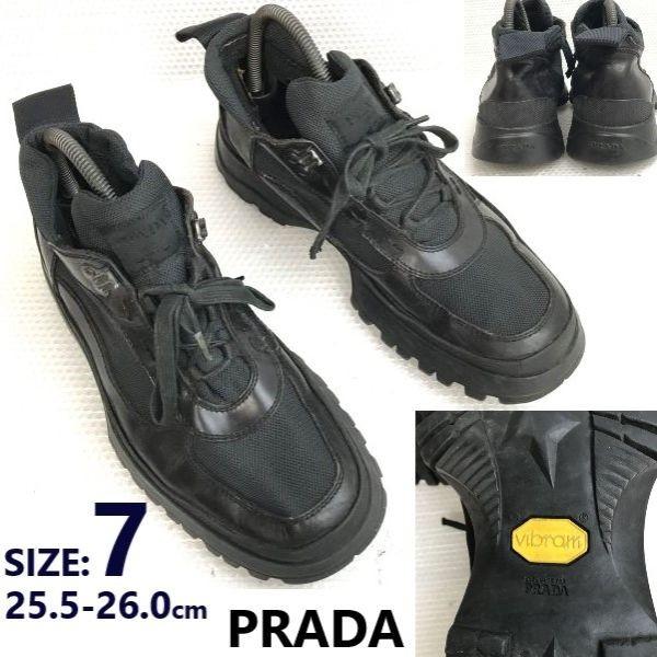 PRADA Vibram Sole Trekking Shoes High Cut Sneakers Short Boots Size 7 25.5 26.0 Black