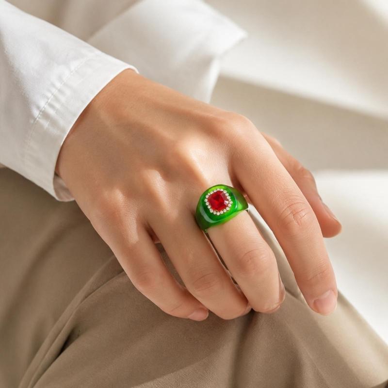 See-Through Resin Fashion Ring with Bold Square Profile, Raised Faceted Centerpiece and Accent Border for Outfit Styling