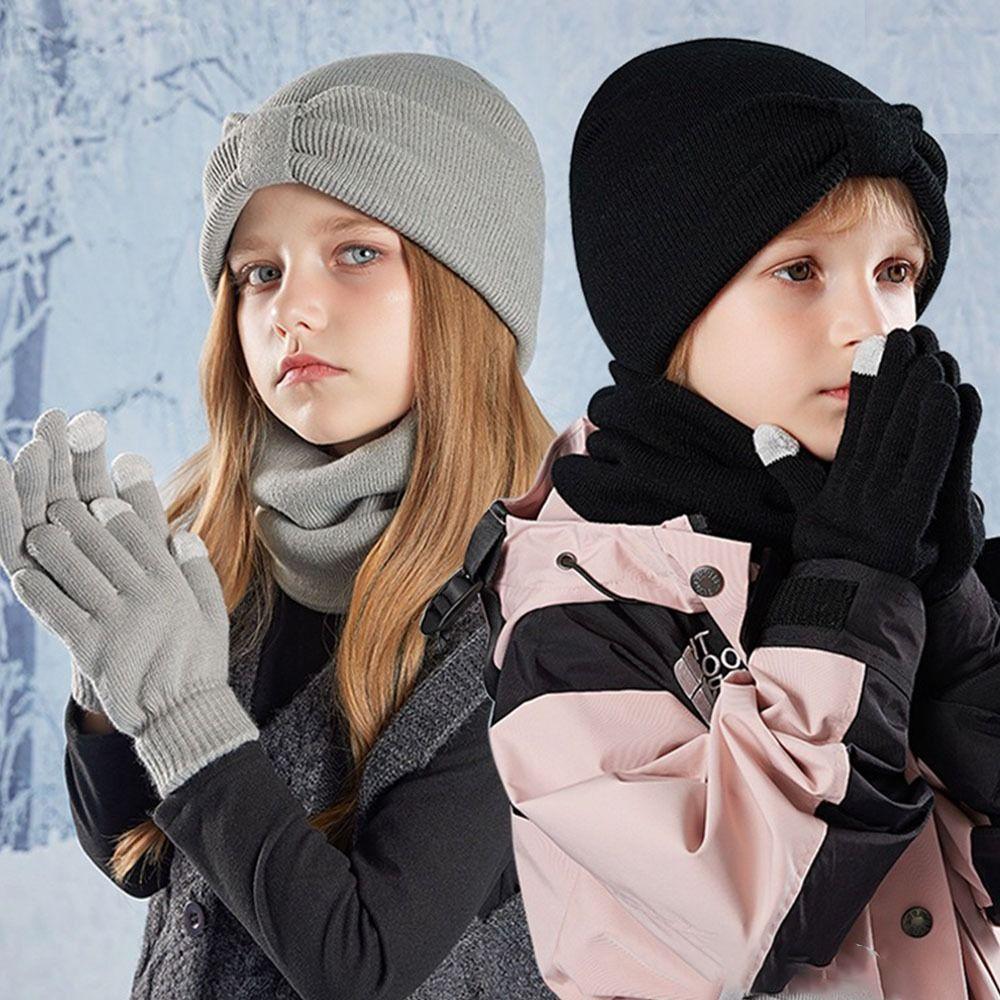 3Pcs/Set Solid Color Children Hat Scarfs Gloves Set Windproof Winter Kids Beanie Gift Set