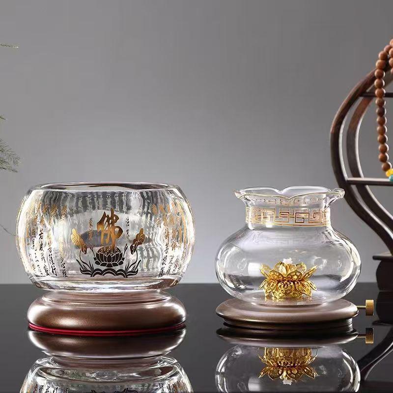 Large Windproof Crystal Oil Lamp Holder for Buddha Offering - Heat-Resistant for Long-Burning Liquid Ghee in Household or Temple.