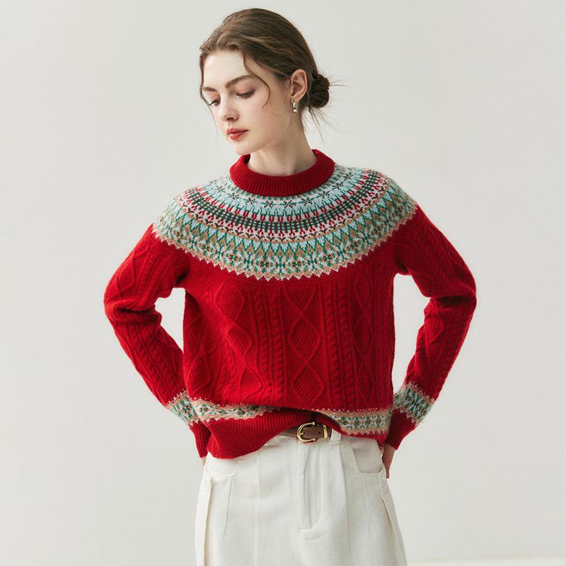 Women's Cashmere Fair Isle Plaid Pullover with Half-High Collar