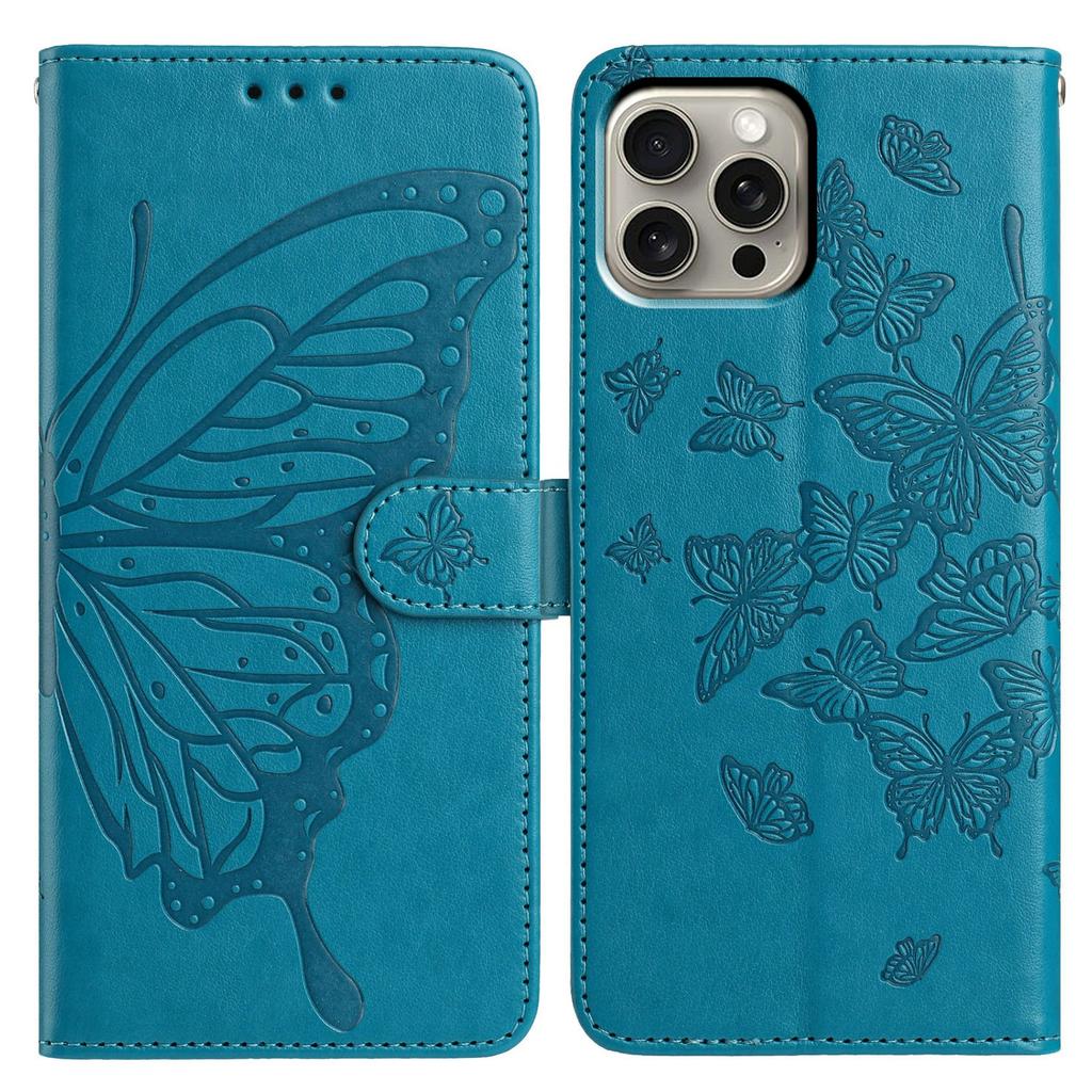 For iPhone 16 Pro Max Case Butterfly Imprinted Wallet Stand PU Leather Flip Phone Cover with Strap