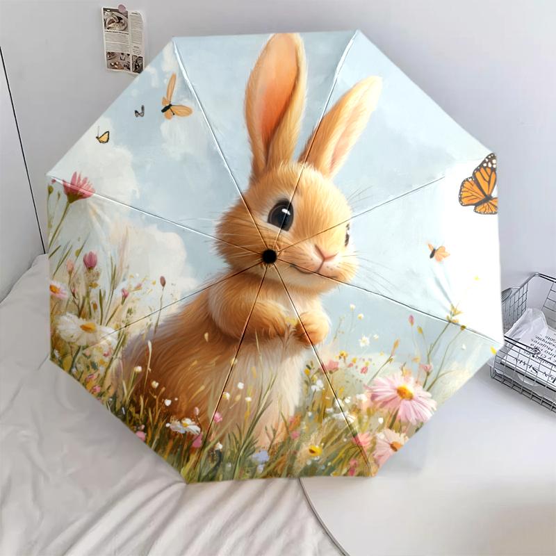 Rabbit and Flower pattern, automatic folding umbrella, portable and foldable design, 8 ribs, a Christmas or birthday gift.