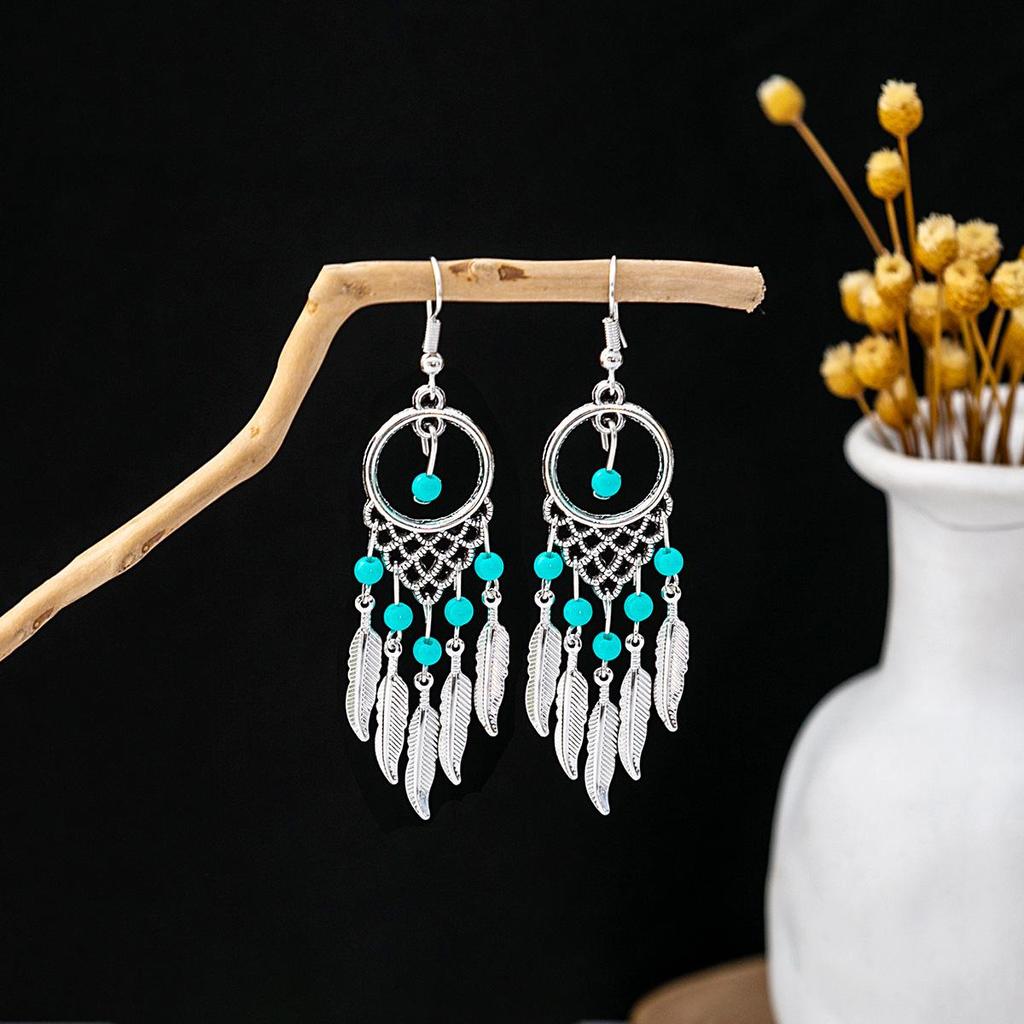 Bohemian Ethnic Miao Silver Turquoise Tassel Earrings for Women