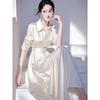 Xiaoxiangfeng waist white satin shirt dress women's early spring new high-end French professional long skirt