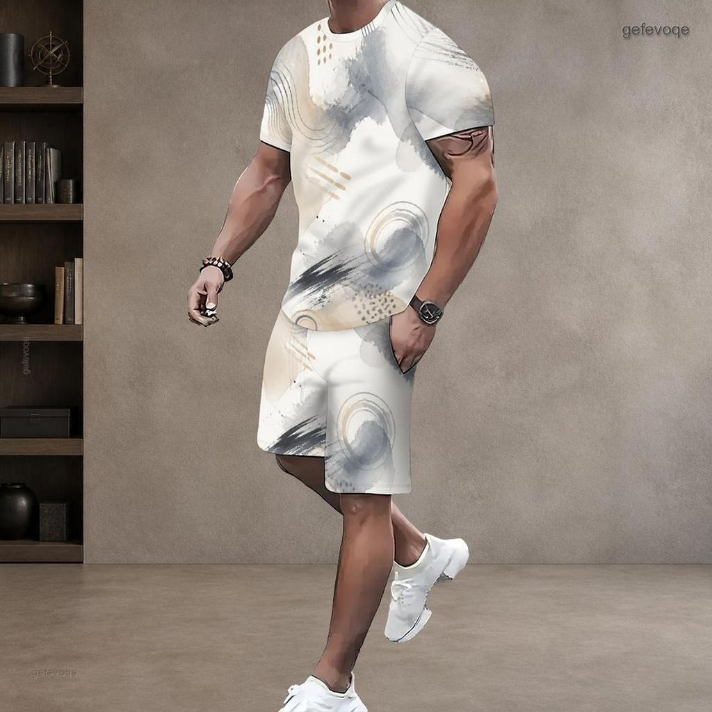 Men s Plus Size Printed Round Neck Short Sleeve Top And Shorts Two Piece Set