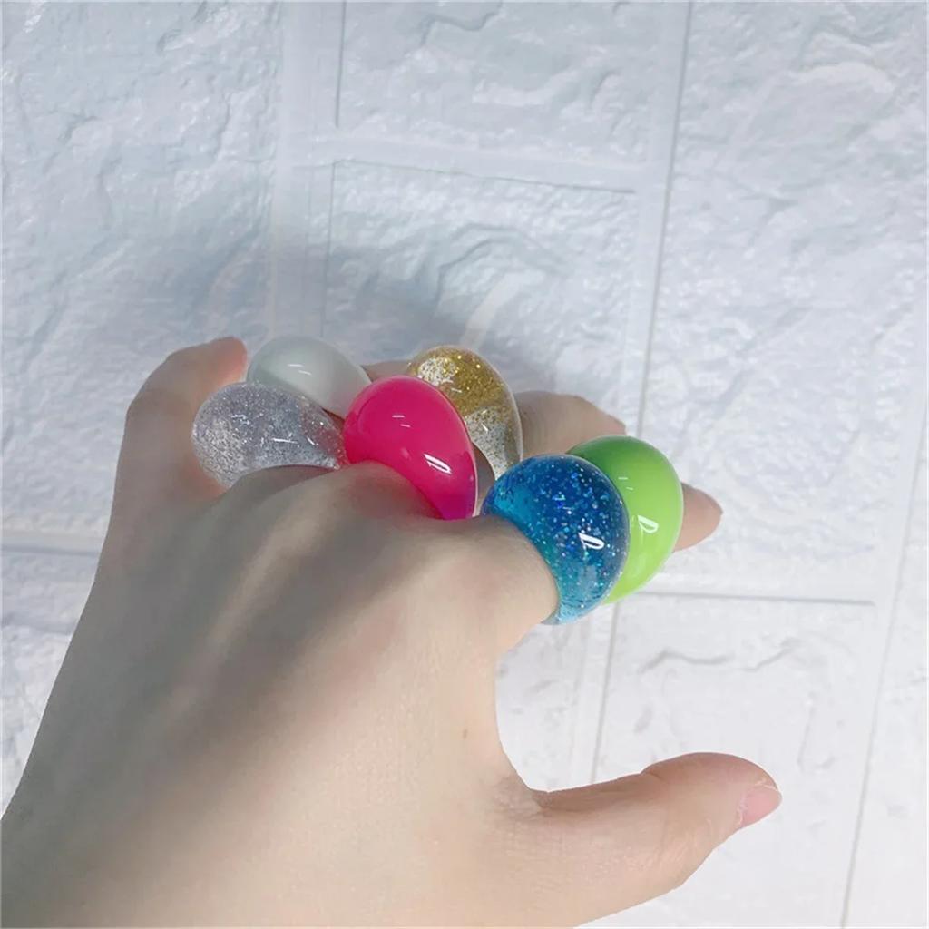 Retro  Cool Colorful Clear Resin Oval Rings Charm Acrylic Water Droplets Shape for Women Girls Travel Summer Popular Jewelry