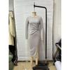 New Autumn and Winter Women's Round Neck Long Sleeve Twist Slit Solid Color Elegant Slim Dress