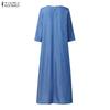 ZANZEA Women Casual Round Neck Loose Long Sleeve Retro Long Dress
