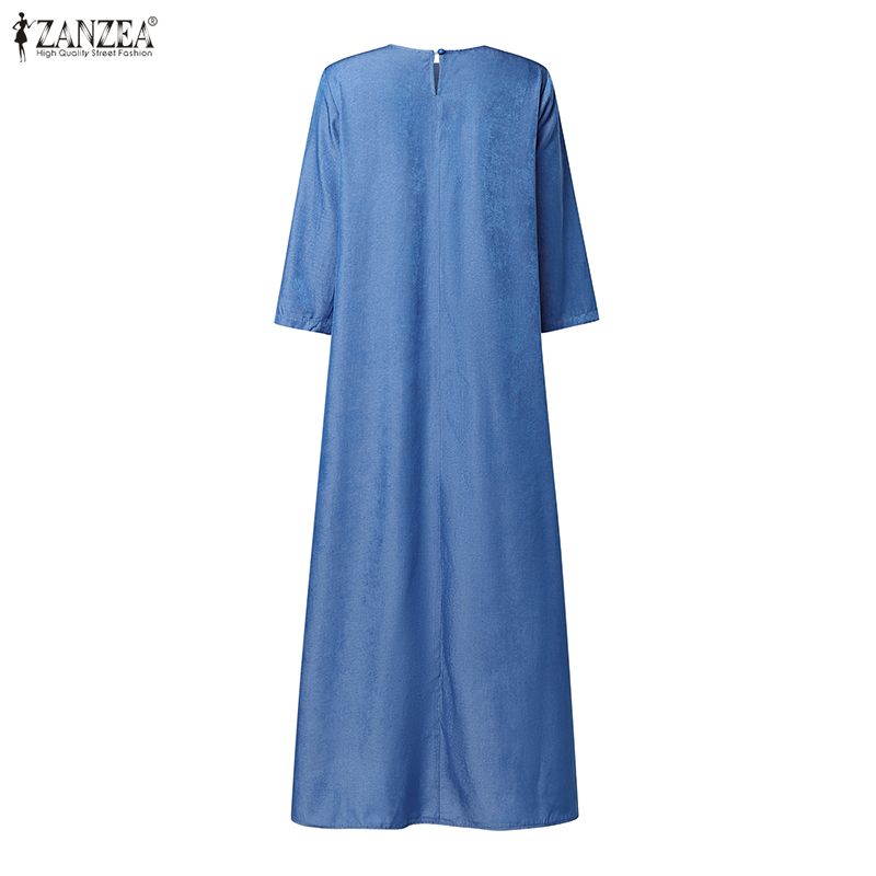 ZANZEA Women Casual Round Neck Loose Long Sleeve Retro Long Dress