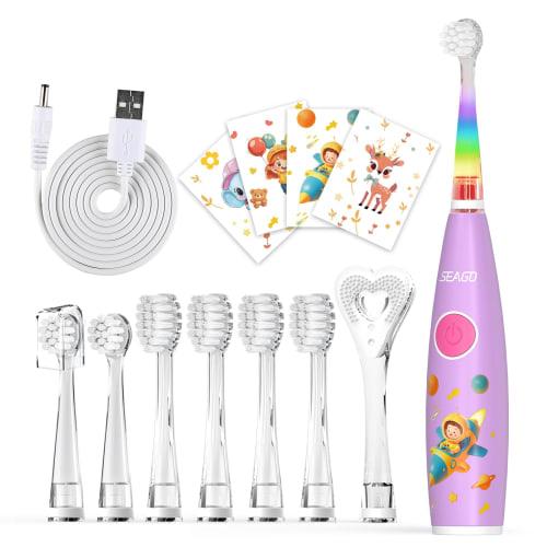 

Seago Children s Electric Toothbrush for Toddlers and Elementary School Students Ages 0-6, Includes 8 Replacement Brushes, 2-Minute Timer, DIY Sticker