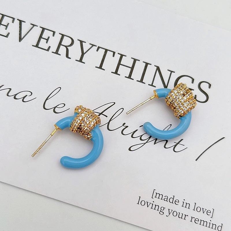 

French Drop Glaze Zircon Stud Earrings Light Luxury Fashion Trend Ear Buckles Exquisite Small Commuter Versatile Earrings синій