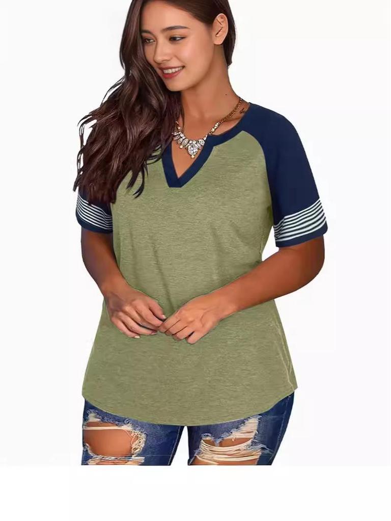 2024 Euro-America V-Neck Color Block Short Sleeve Loose Top