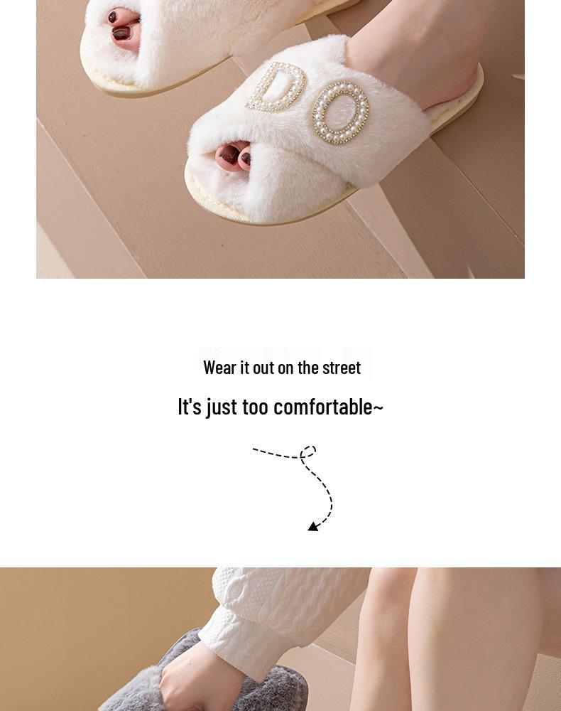IDO Women's Furry Pearl Wedding Bachelorette Plush Slippers