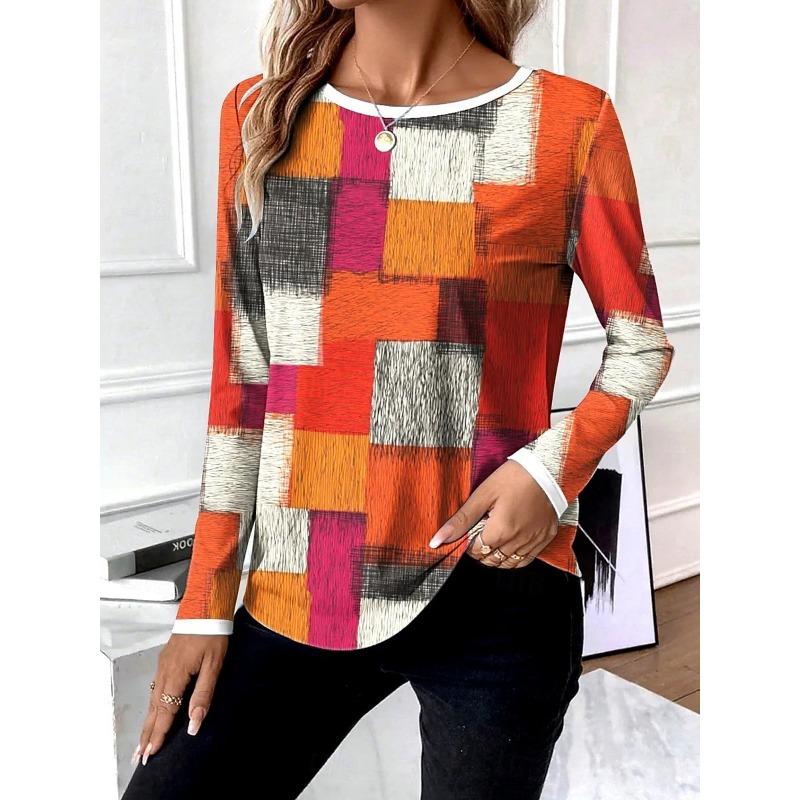 Ladies' Casual Contrasting Printed Long Sleeved Round Neck Top, Women's Streetwear