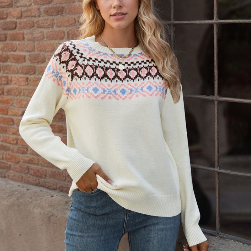 Ladies Autumn Winter Long Sleeve Round Collar Pullover Color Matching Warm Knitted Sweater Knitwear Top