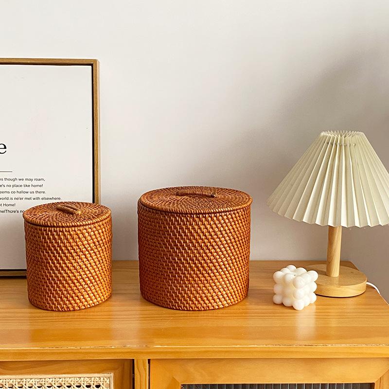 Scatola portaoggetti in rattan Scatole portaoggetti rotonde fatte a mano Stile giapponese Cesto per organizzare generi alimentari domestici Accessori per l'organizzazione