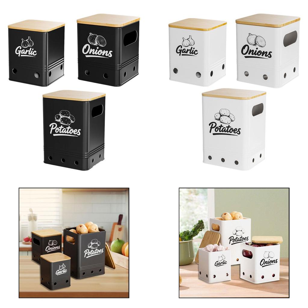 Portable Garlic Storage Bin Set Iron Bamboo Kitchen Container with Ventilation for Vegetable Freshness