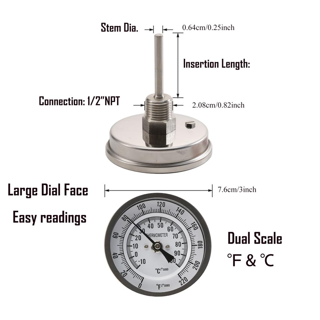 Homebrew Weldless Thermometer Kit Bi-metal Dial Thermometer 1/2"NPT Connection 3" Face Dual C & F Scale Boil Kettle Wort Chiller
