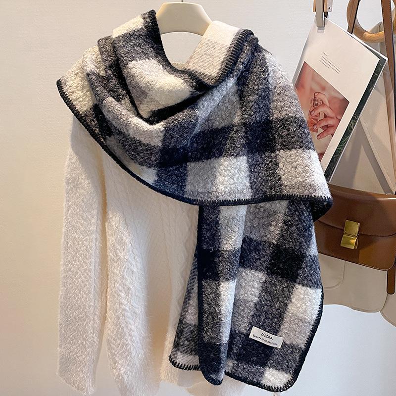 Retro black and white plaid imitation lamb wool scarf women's winter thickened warm plaid scarf fashion shawl dual-purpose