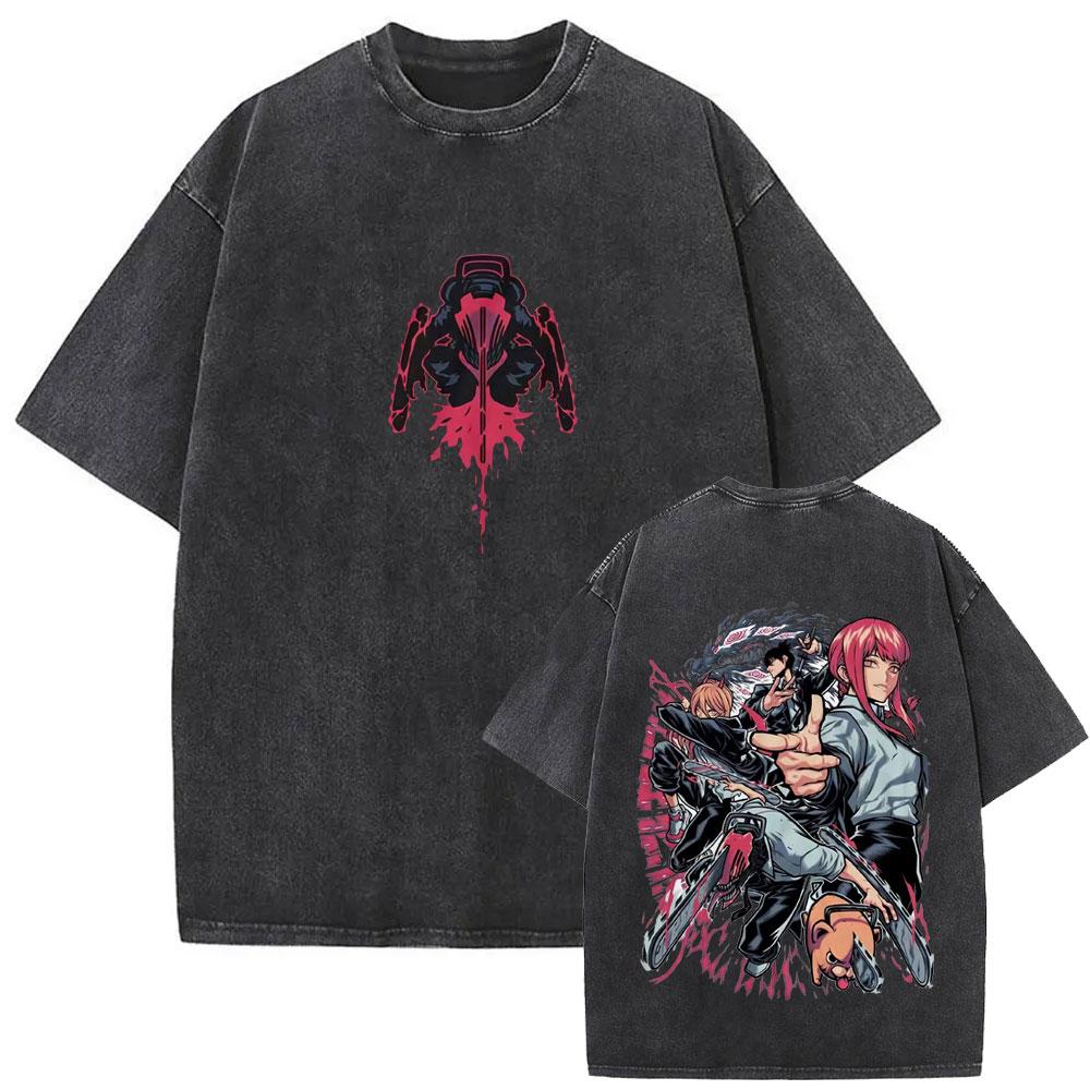 New Washed Vintage Anime Chainsaw Man Himeno Graphic Tshirt Men Women Casual Cotton Retro T Shirts Mens Cartoon Tshirts