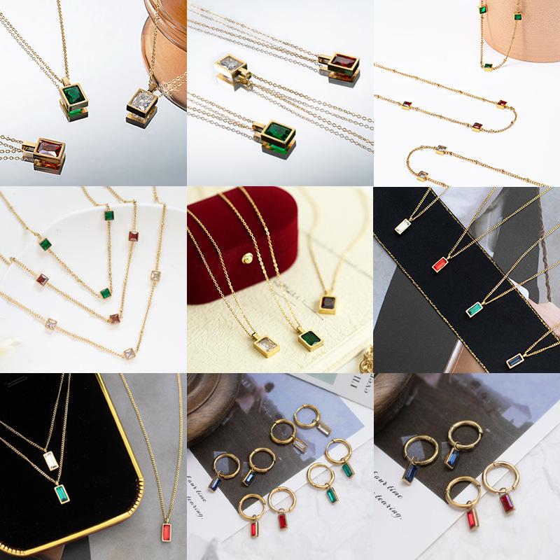 Emerald Cube Zircon Necklace Earrings Titanium Steel Multi-14K Gold Color Lasting
