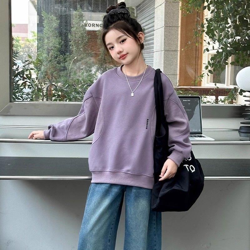 Dívčí módní volná mikina s kulatým výstřihem a dlouhým rukávem - Kolekce Podzim/Jaro 2025