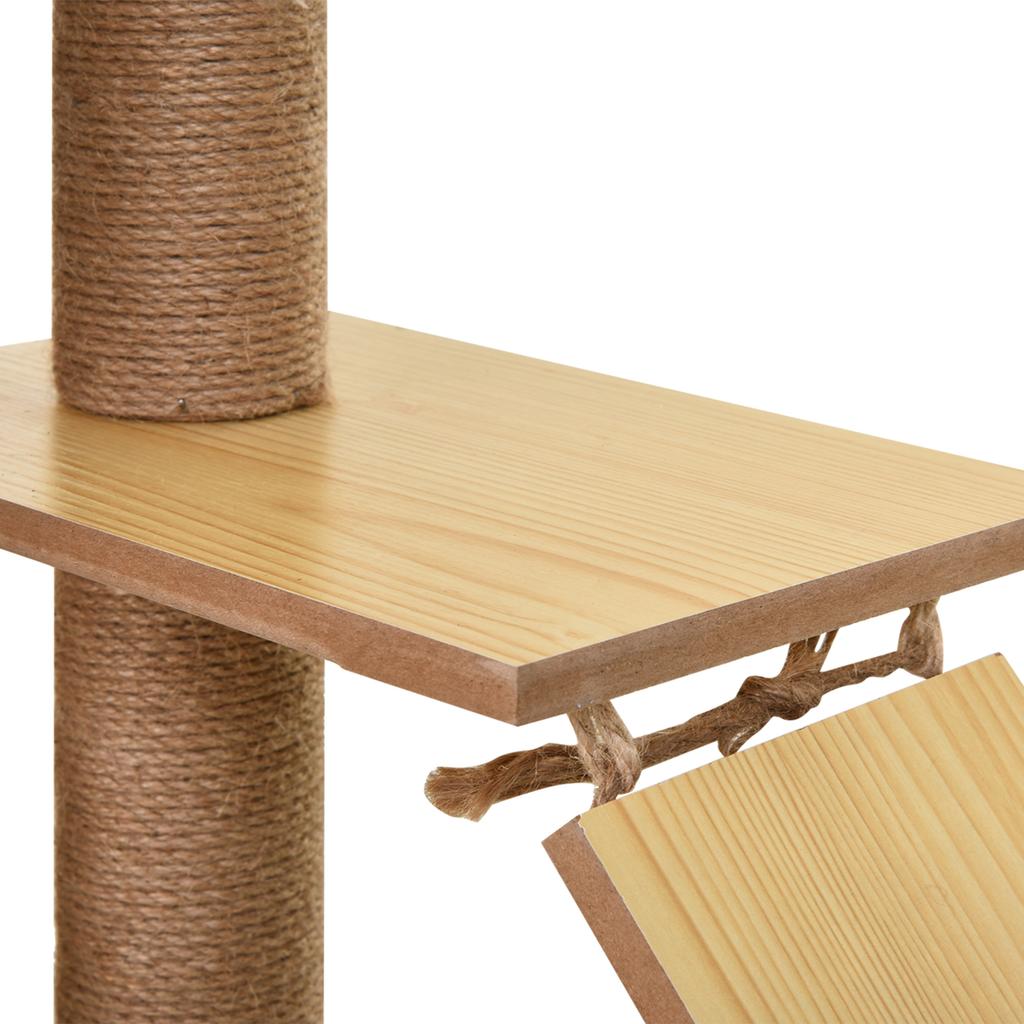 Cat Scratching Post with House, 2 Beds, Hammock and Ball, Made of Wood, Polyester and Sisal, 60x40x130 cm