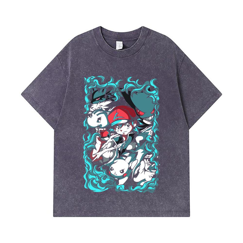 275 GSM Washed T-shirts 100% Cotton Pokemon V26 Print Unisex Heavy Cotton T Shirt