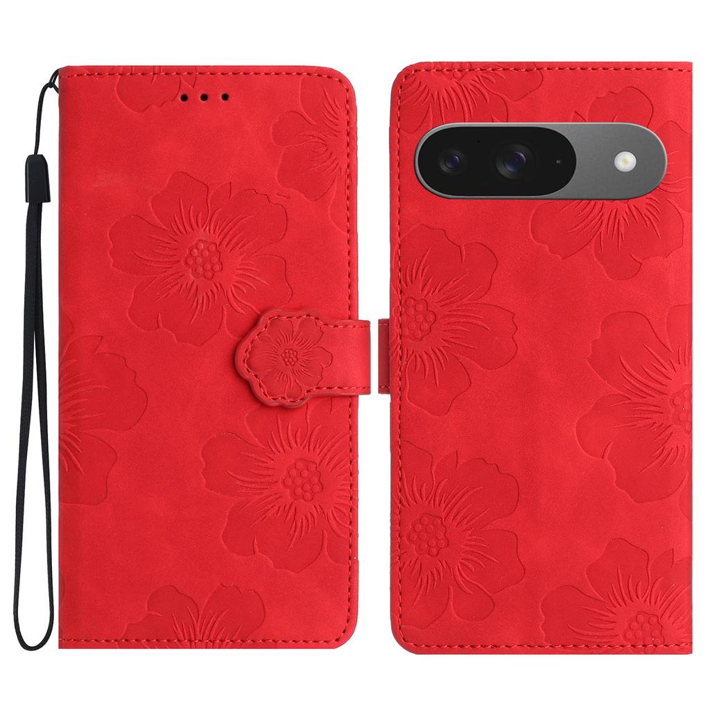 For Google Pixel 9/Pixel 9 Pro Case Flower Design Leather Wallet Phone Cover with Wrist Strap