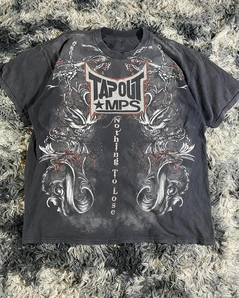 Y2K Tap Out Skull Print T Shirt Dark Aesthetic Round Neck Streetwear Oversized Gothic Cotton Tee Soft Retro Loose