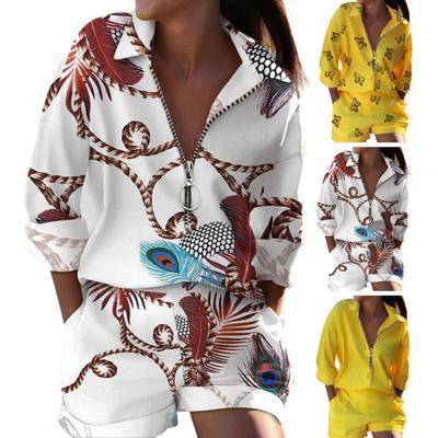 2 Pcs/Set Shirt Shorts Suit Zipper Lapel Loose Printed Long Sleeve Casual Soft Pockets High Waist Lady Top Shorts Set