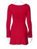 European & American Style Red Square Neck Dress for Women - Autumn/Winter High Waist, Versatile A-line with Slit