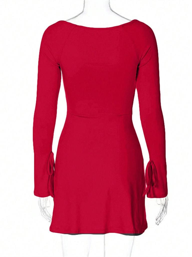 European & American Style Red Square Neck Dress for Women - Autumn/Winter High Waist, Versatile A-line with Slit