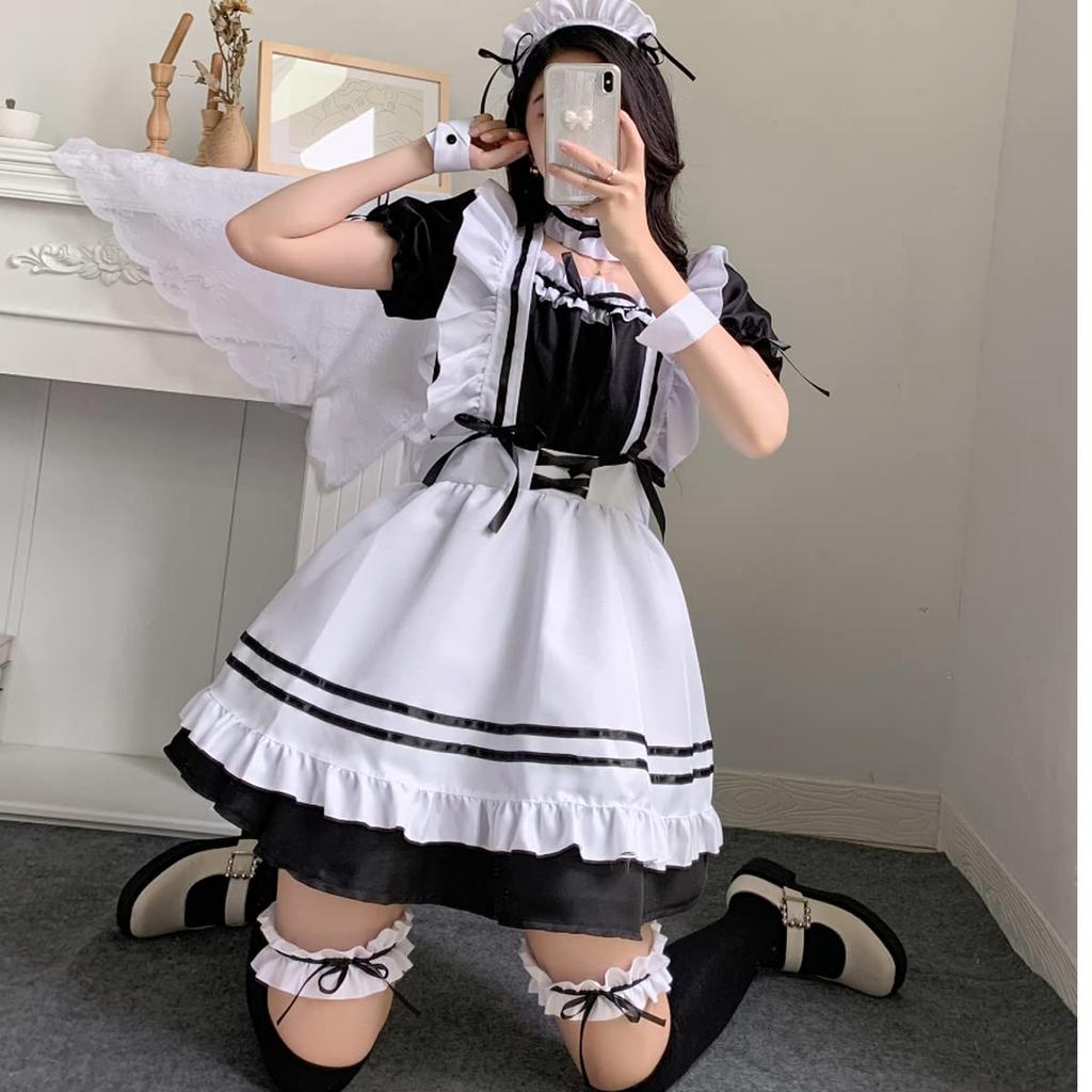 [FULINE] Maid Costume, Sexy Lolita Cosplay Costume with Ribbon, Princess Dress, Gothic Lolita Style, Plus Size, Black, Size S