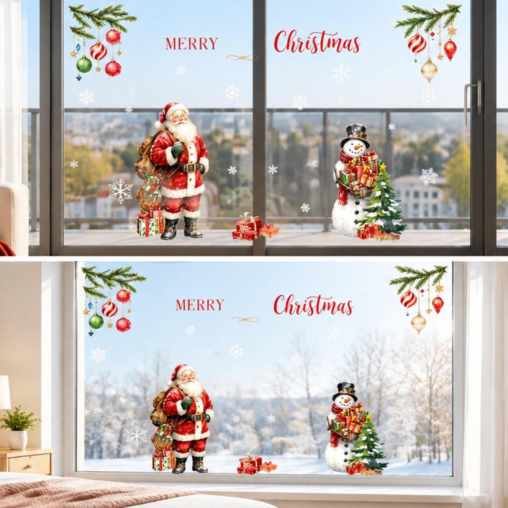 2 Pieces Glass Door Decals Festive Holiday Window Decoration with Santa and Snowman LowProfile