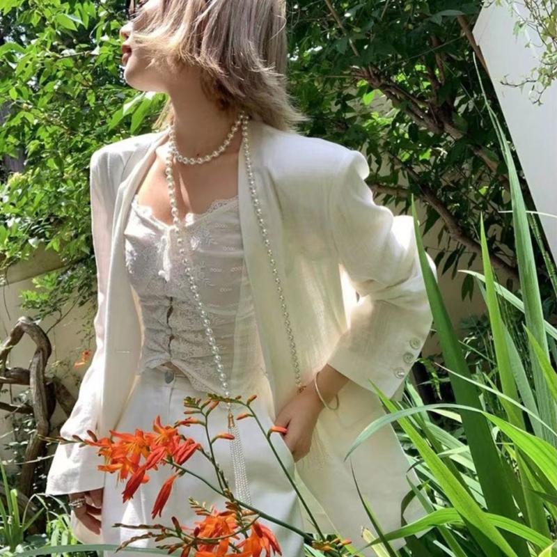 Imitation Pearls Bead Necklace Tassels Choker Elegant Fringes Neckchain Fashion Accessory for Sweaters and Waist