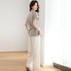 Fashion suit women's  new design sense casual Tencel short-sleeved shirt wide-leg pants two-piece set