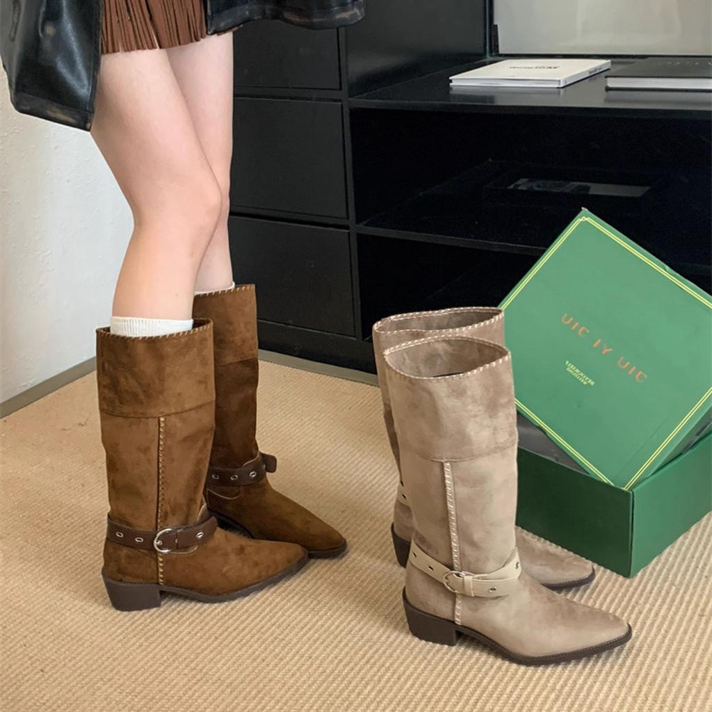Coarse heel suede pointed boots women's 2025 autumn and winter new two-wear women's boots belt buckle sleeve western cowboy boots