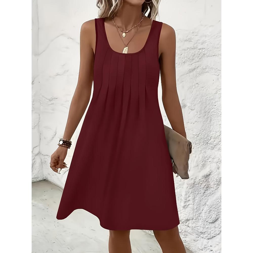 Women's U Neck Sleeveless A Line Mini Dress Solid Color Front Pleated Casual Tank Sundress