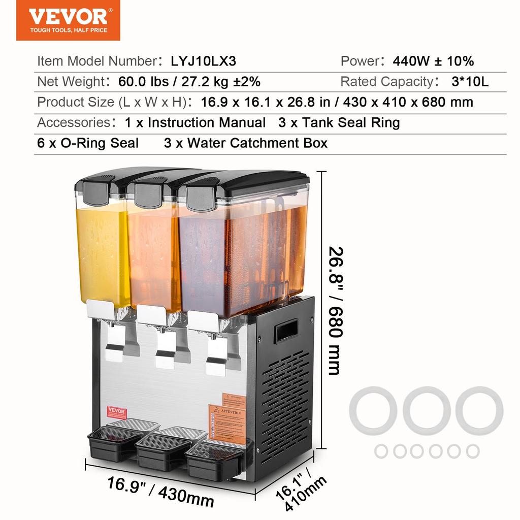 VEVOR Commercial Beverage Dispenser, 3 Tanks 10 L Per Tank Juice Dispenser