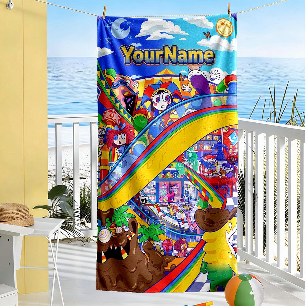 Digital Circus Customizable Name Beach Towel Quick-Dry Soft Microfiber Perfect for Traveling Yoga Camping and Swimming