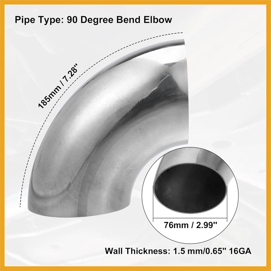 1pcs OD 3 Inch 90 Degree Mandrel Bend Elbow SS304 Stainless Steel Bend Tube Exhaust Elbow Pipe for Car Modified Exhaust System 3" Piping Silver Tone