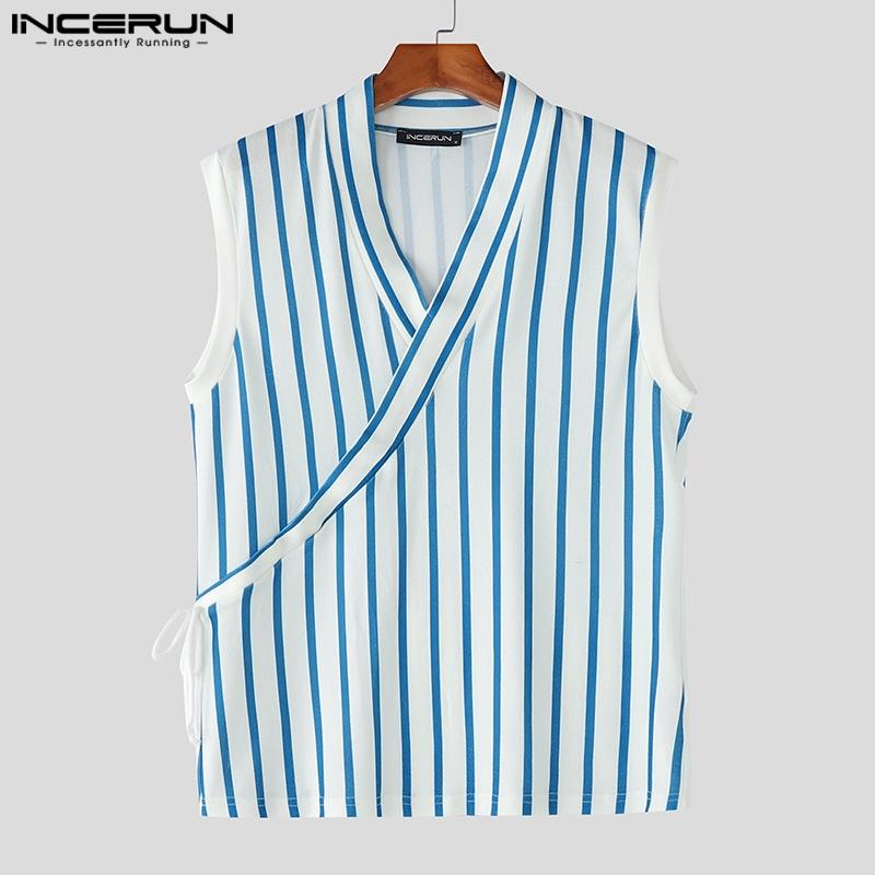 INCERUN Letní pánská tílka s výstřihem do V, bez rukávů, se šněrováním na boku, s pruhovaným potiskem, ležérní