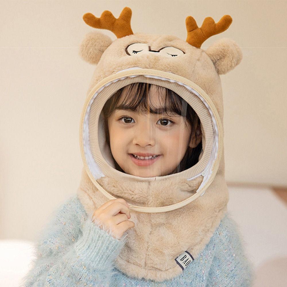 Cartoon Children's Hats Warm Shawls Head Caps with Face Shields Kids Mask Integrated Hat  Boys