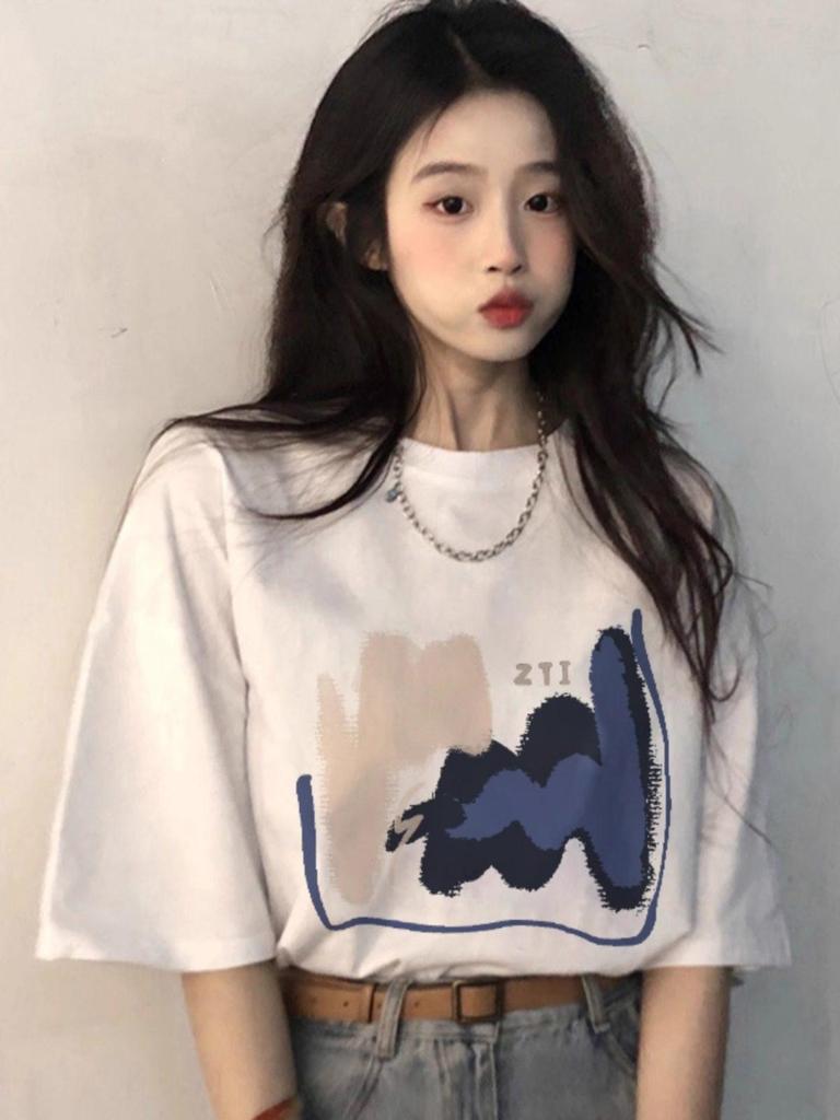 American Retro Pure Cotton Plus Size Women's Loose Short Sleeve T-shirt - Hong Kong Style, Summer, Versatile, Trendy