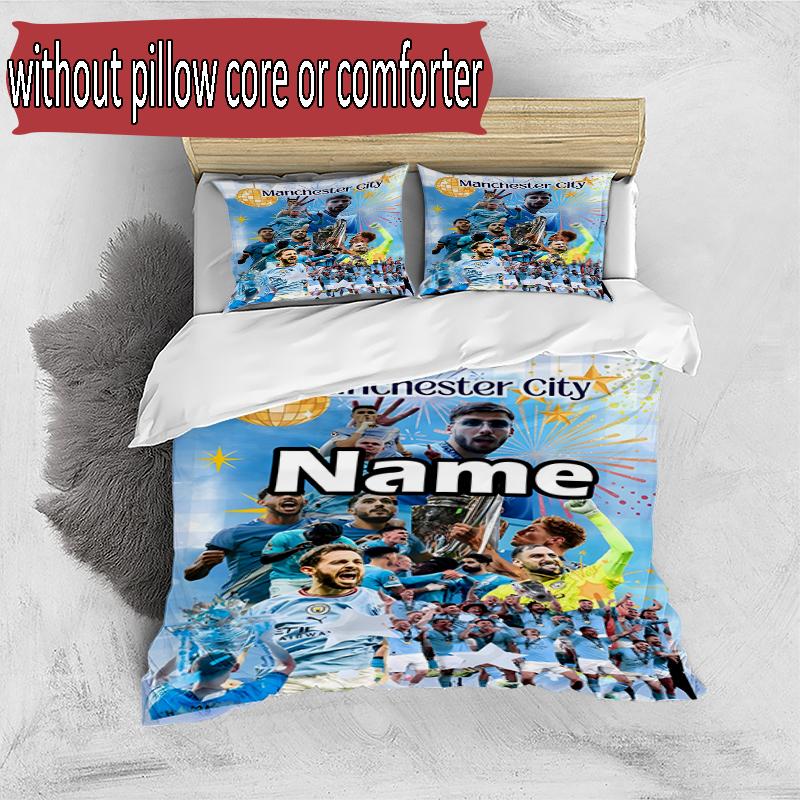 3pcs Duvet Cover Set (1*Duvet Cover + 2*Pillowcase, Without Core), Custom Name Manchester City FC Pattern Bedding Set, Home Bedroom Decor Gift